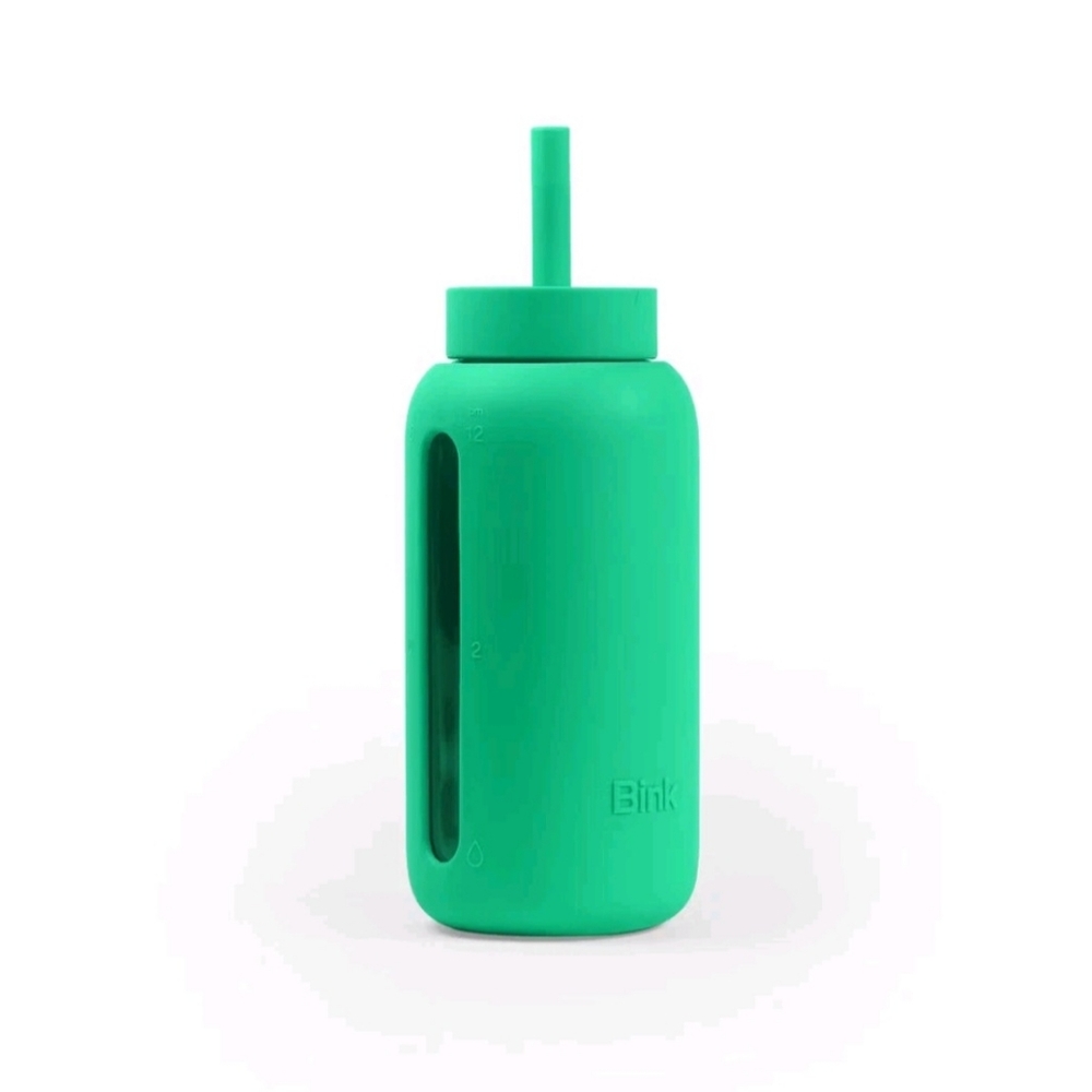 Bink 27 Oz. Day Water Bottle Straw Cap Emerald Green Glass Silicone Cover